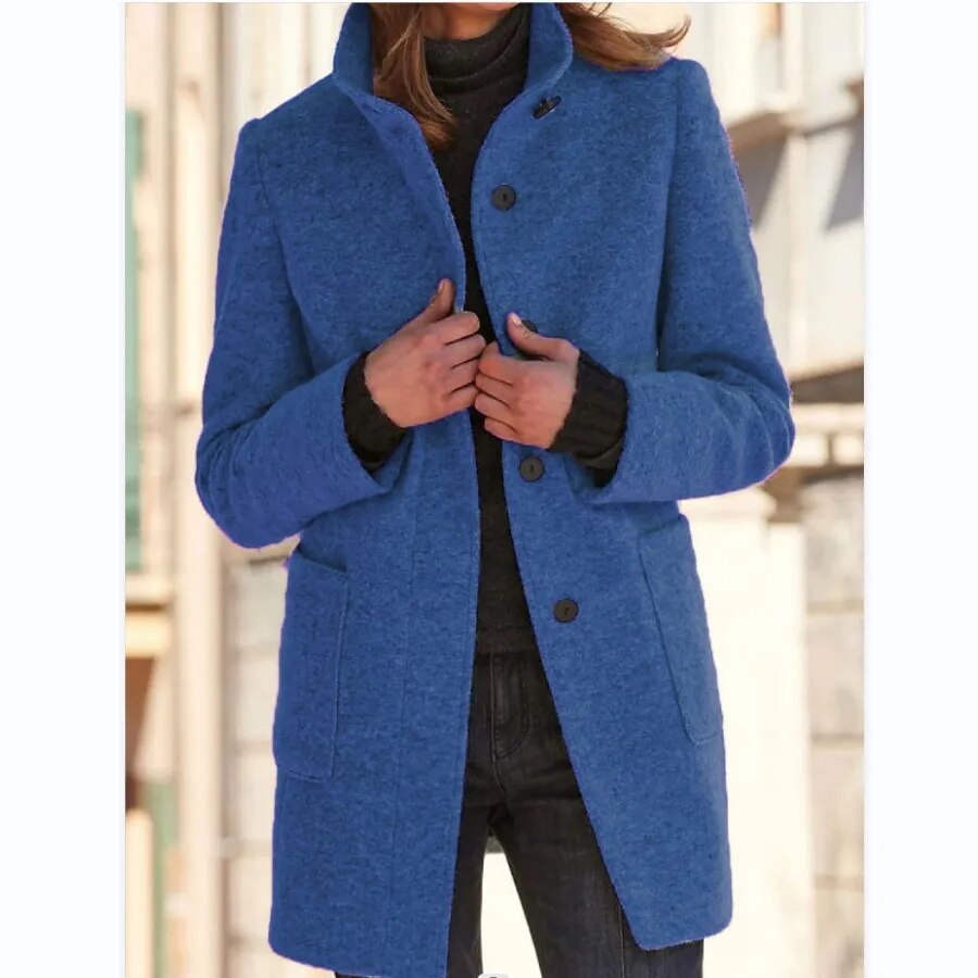 Femme Manteau en Laine Gris à Col Montant avec Poches