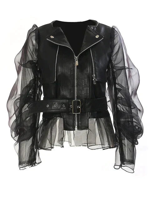 Veste Femme en Similicuir – Manches Volantes Transparentes – Taille Ceinturée – Fermeture Zippée
