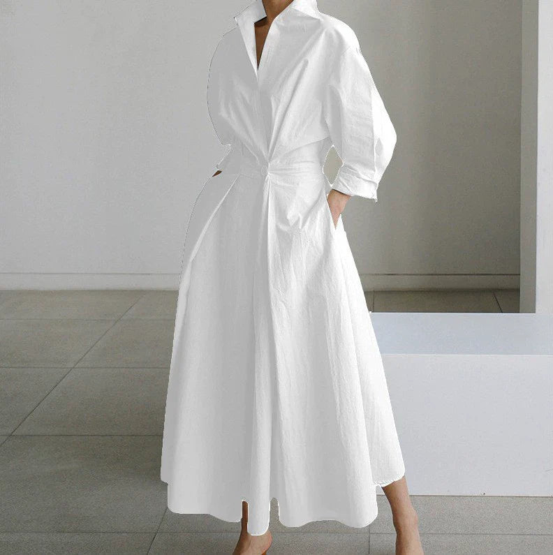 Robe-chemise à pois manches longues taille cintrée et coupe évasée pour femme