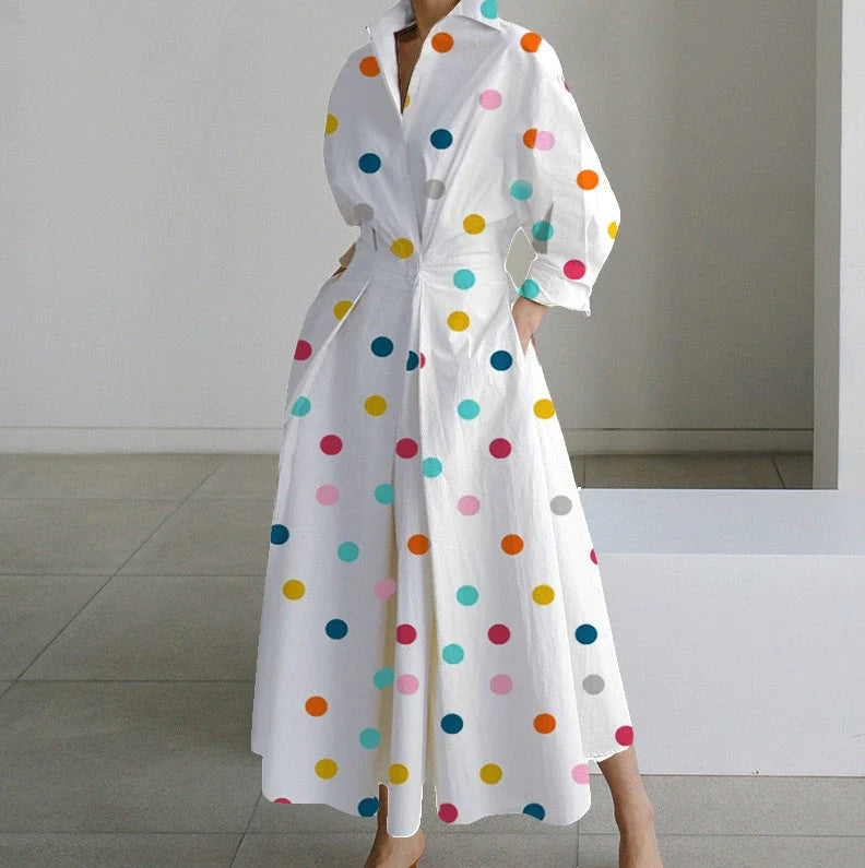Robe-chemise à pois manches longues taille cintrée et coupe évasée pour femme