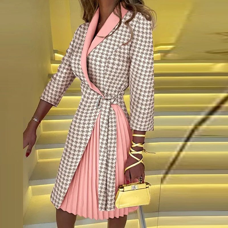 Femme Robe-Manteau à Motif Pied-de-Poule avec Ceinture à Nouer
