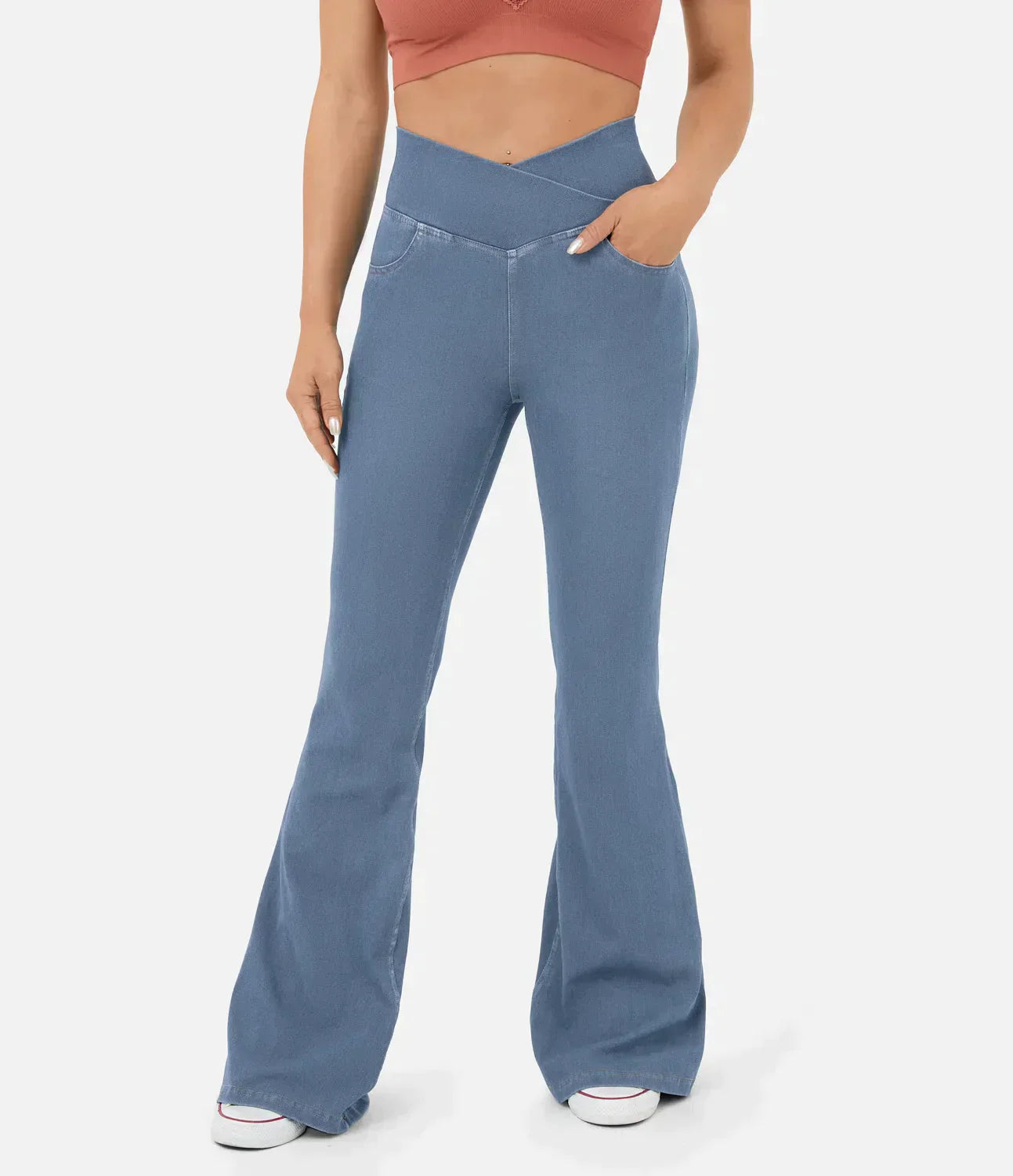 Jean évasé taille haute avec ceinture élastique pour femme