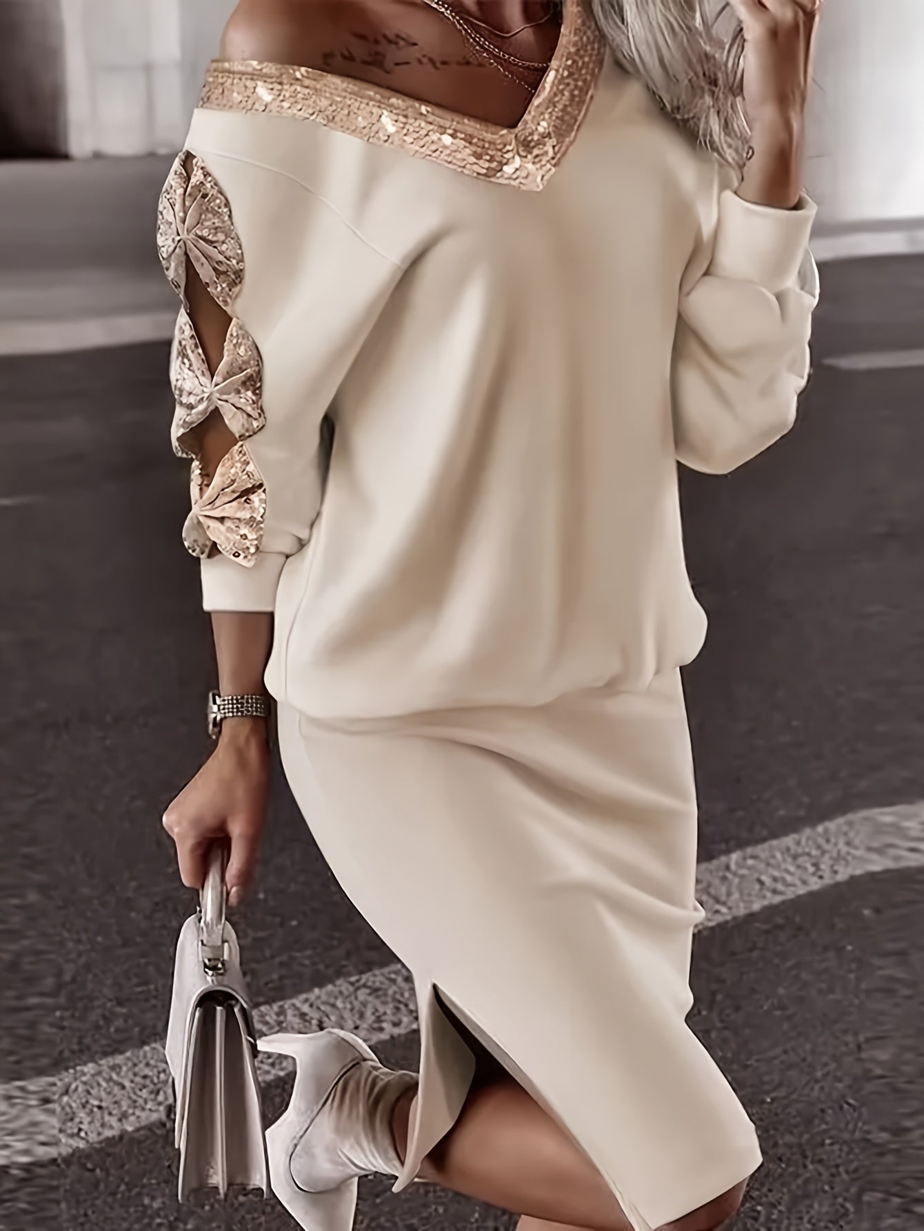 Women's Midi Dress - Off-Shoulder Sequin Detail - Bow Sleeve Detail - Fitted Pencil Skirt