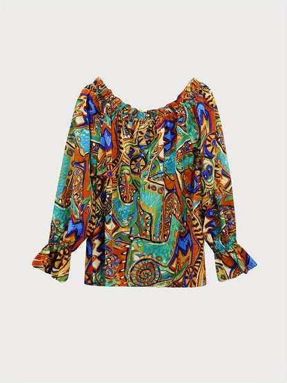 Top Femme Style Bohème – Motif Coloré, Épaules Dénudées et Coupe Ample