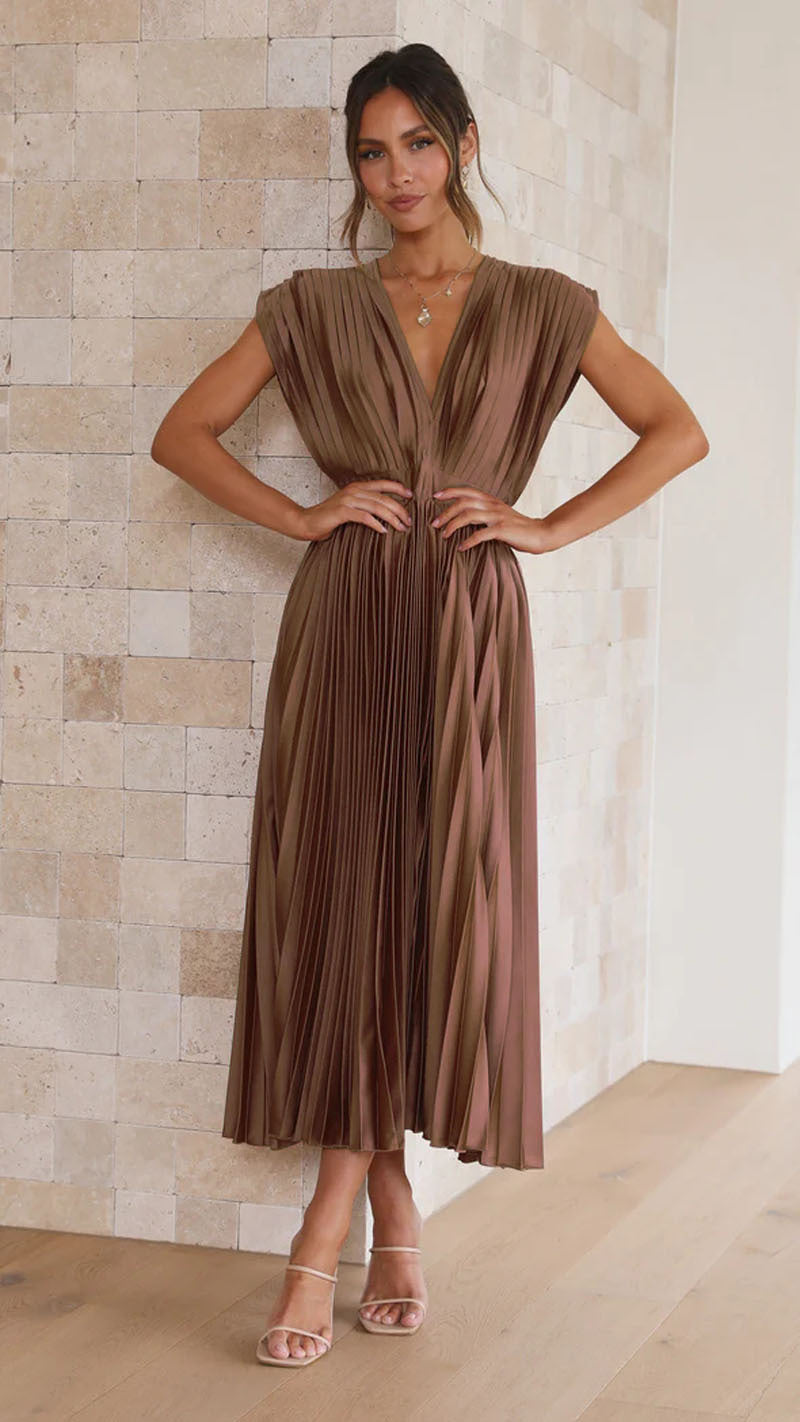 Robe Longue Plissée Sans Manches à Décolleté en V