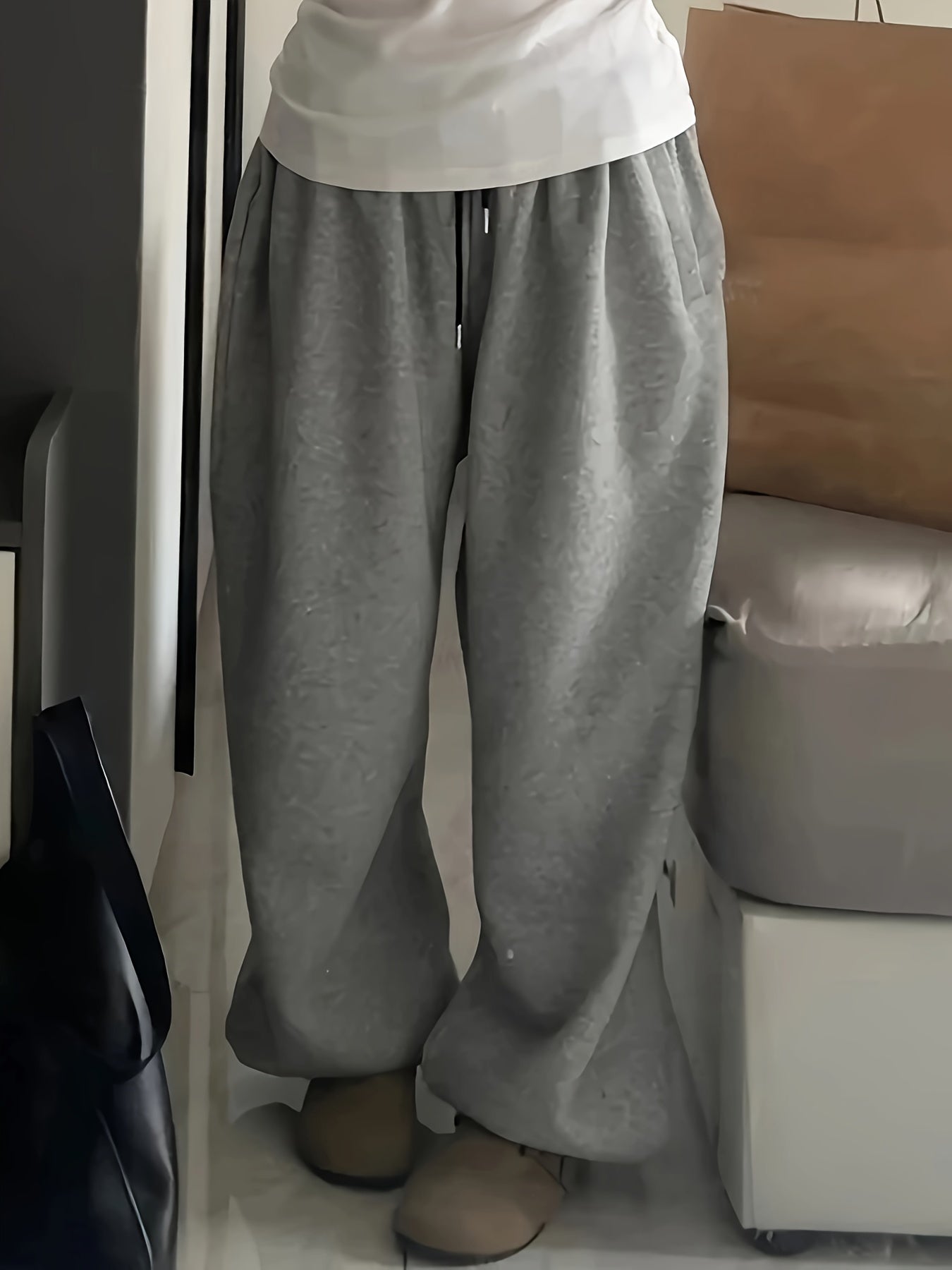 Pantalon unisexe large en molleton doux à taille élastique avec cordon