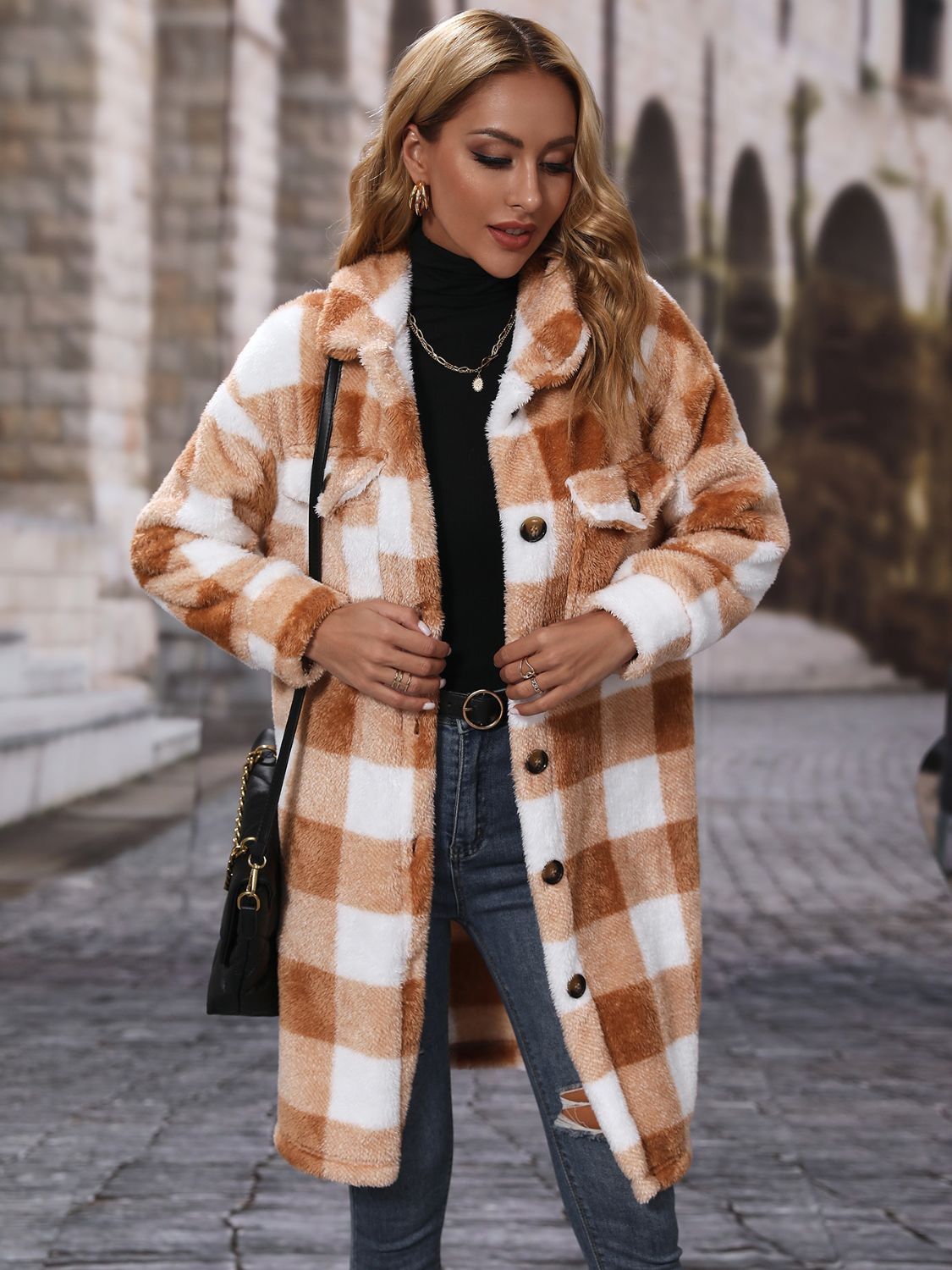 Femme Veste Longue à Carreaux avec Fermeture Boutonnée Élégante