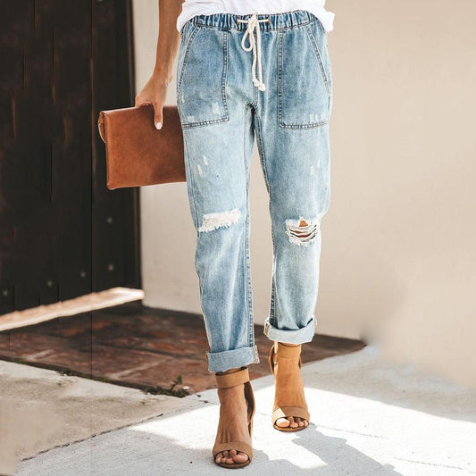 Pantalon jogger en denim à taille élastique et coupe décontractée