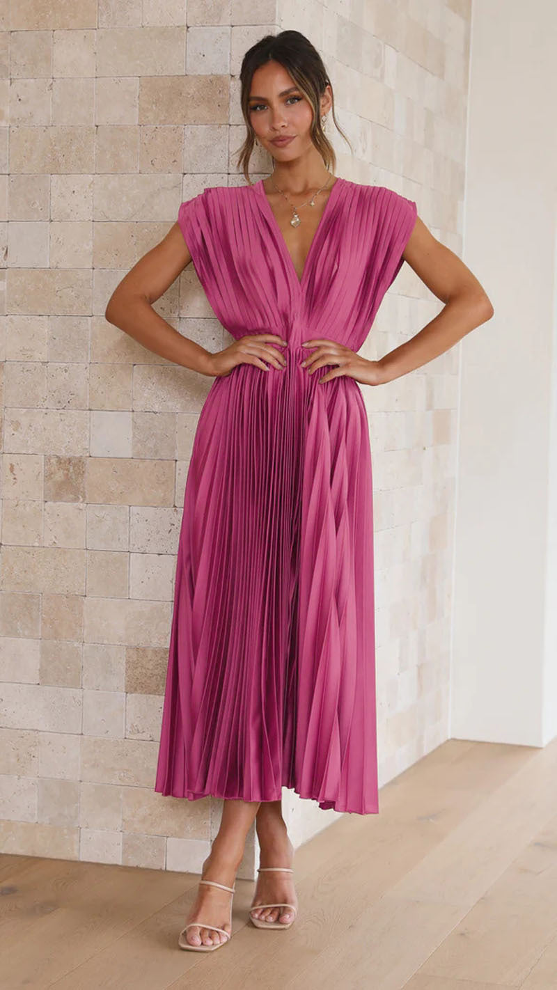 Robe Longue Plissée Sans Manches à Décolleté en V