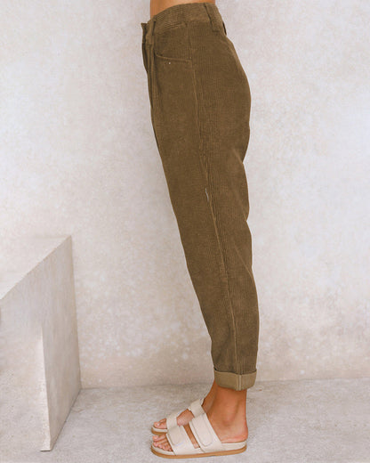Pour femme - Pantalon taille haute à pinces coupe décontractée ourlet revers