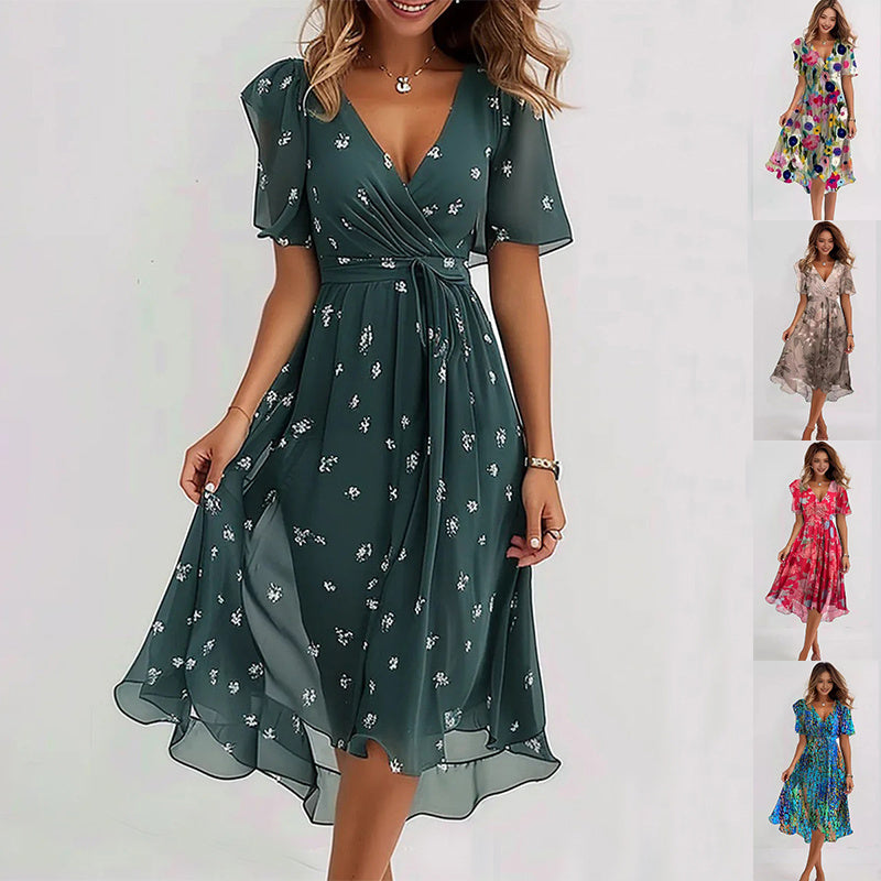 Robe Portefeuille Mi-Longue à Col V pour Femme – Manches Volantes Courtes – Taille Cintrée – Coupe Évasée
