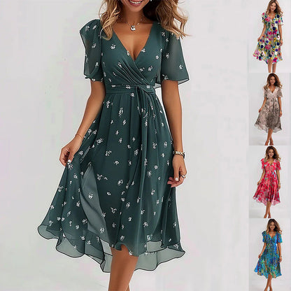 Robe Portefeuille Mi-Longue à Col V pour Femme – Manches Volantes Courtes – Taille Cintrée – Coupe Évasée