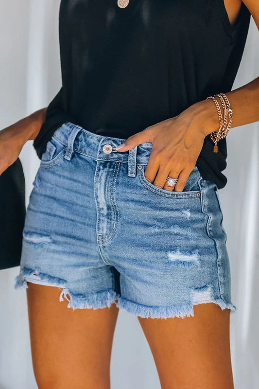Short en Jean Décontracté pour Femme – Détails Déchirés et Coupe Classique