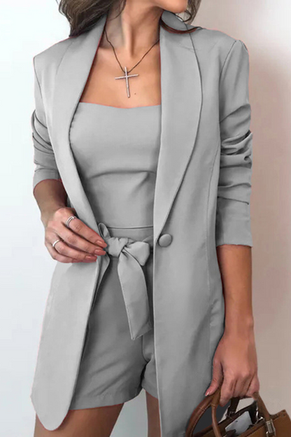 Women's Casual Three Piece Set - Stand-up Collar and Decorative Bow