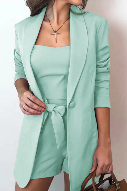 Women's Casual Three Piece Set - Stand-up Collar and Decorative Bow