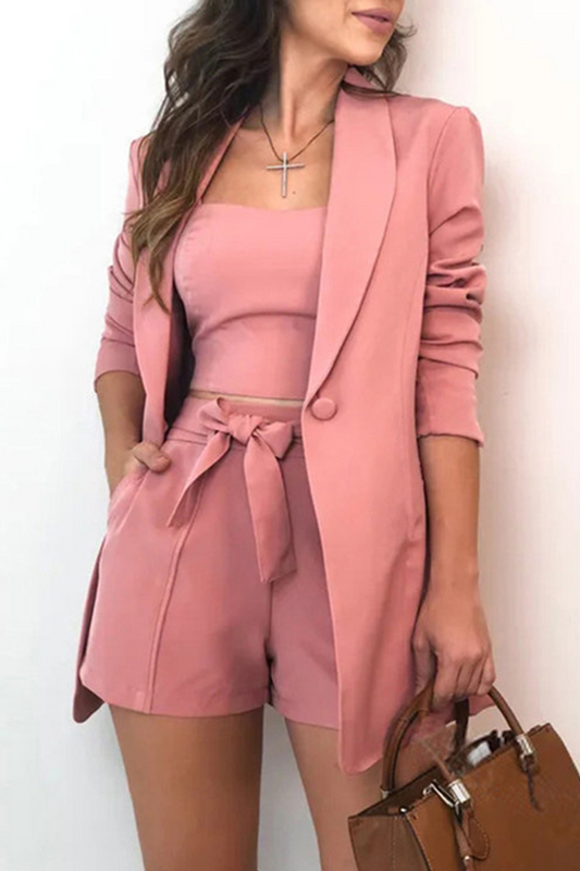Women's Casual Three Piece Set - Stand-up Collar and Decorative Bow