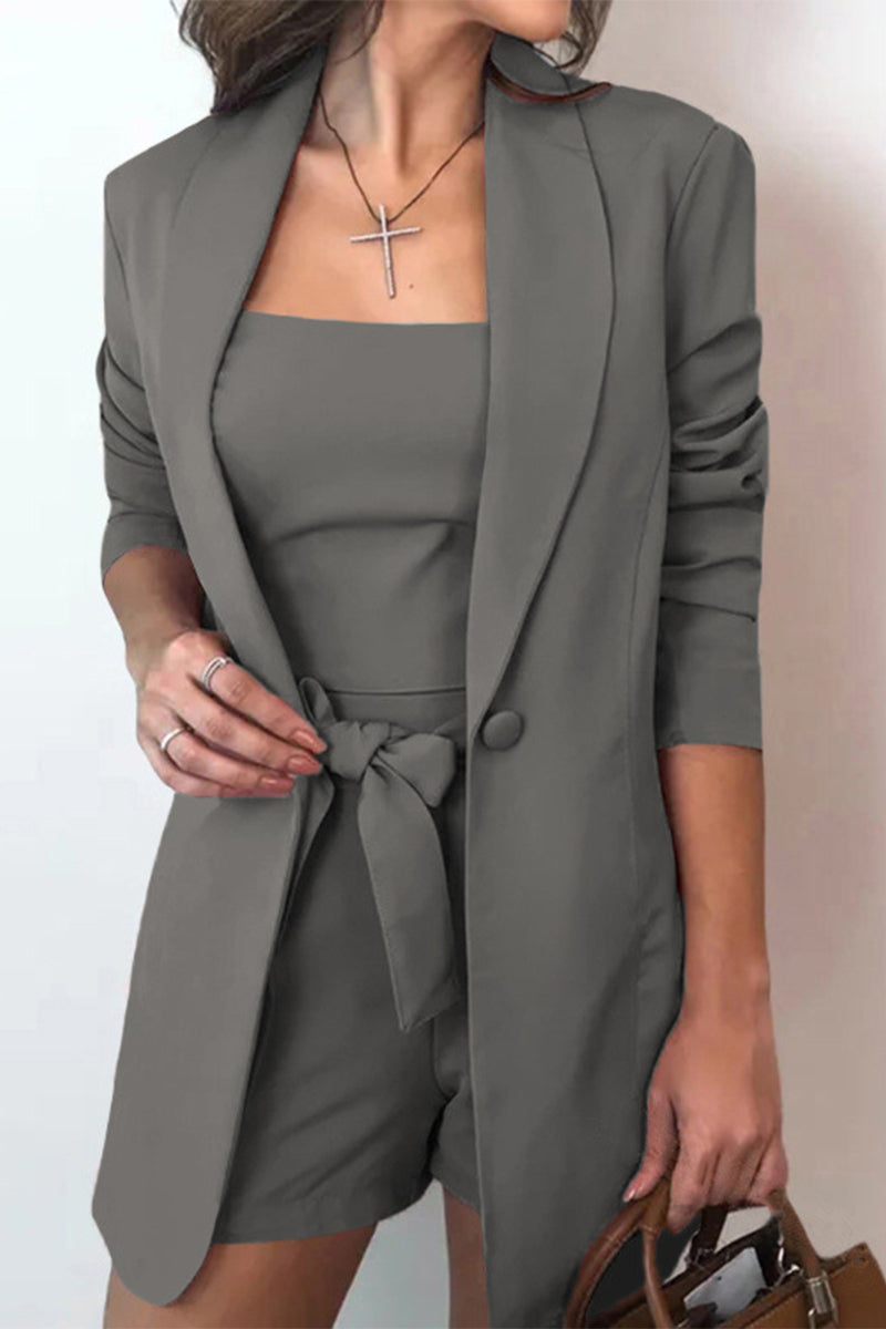 Women's Casual Three Piece Set - Stand-up Collar and Decorative Bow