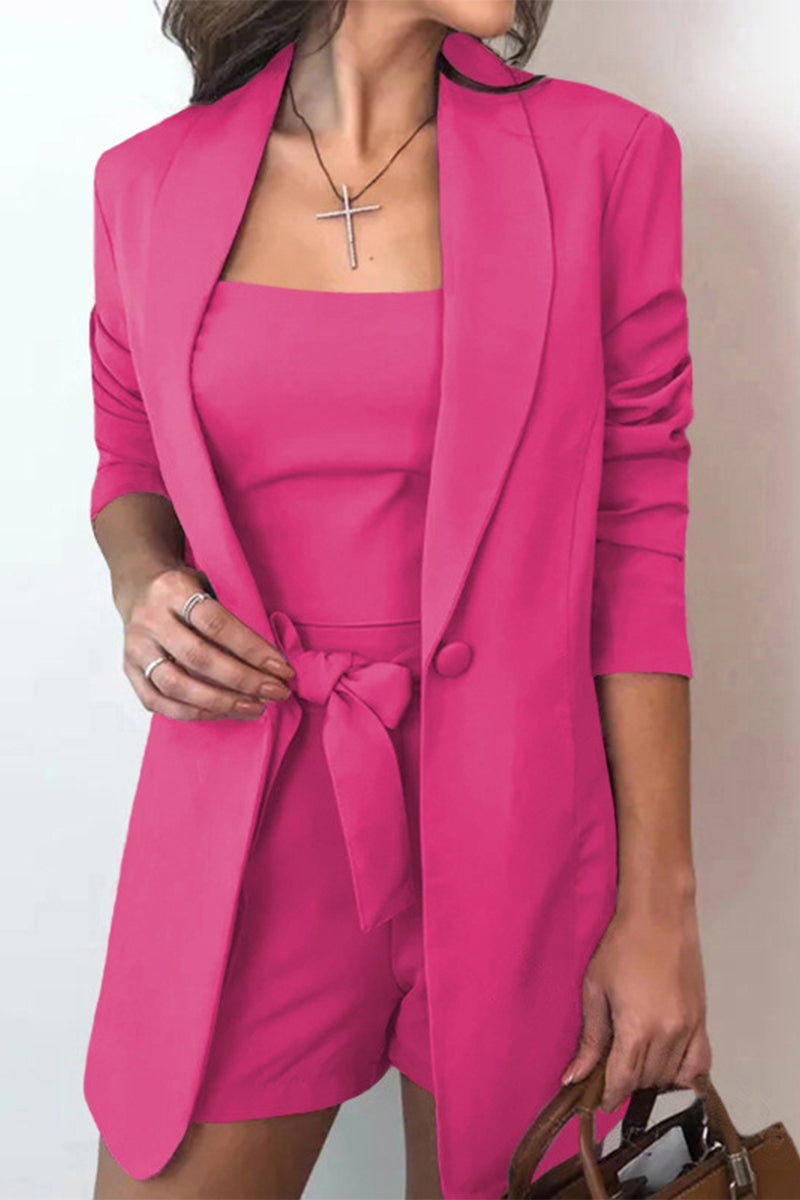 Women's Casual Three Piece Set - Stand-up Collar and Decorative Bow