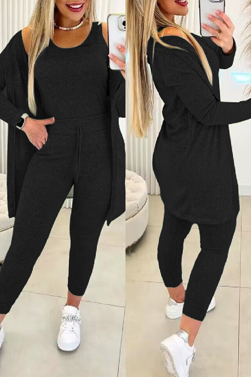 Women's Casual Three Piece Set - Crew Neck Top and Drawstring Fitted Pants