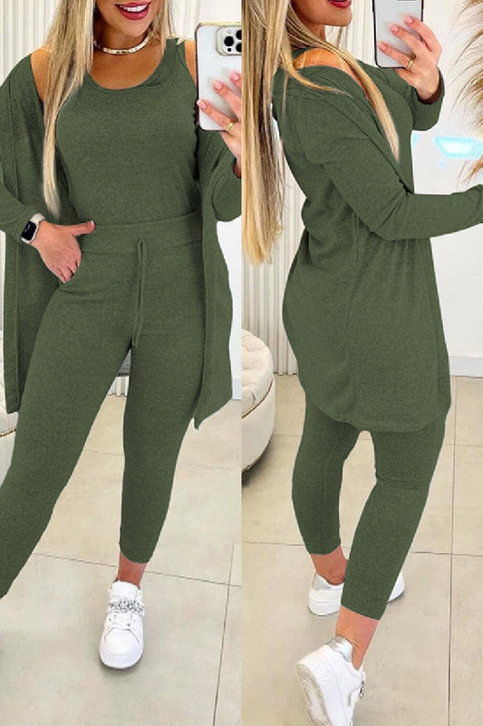 Women's Casual Three Piece Set - Crew Neck Top and Drawstring Fitted Pants