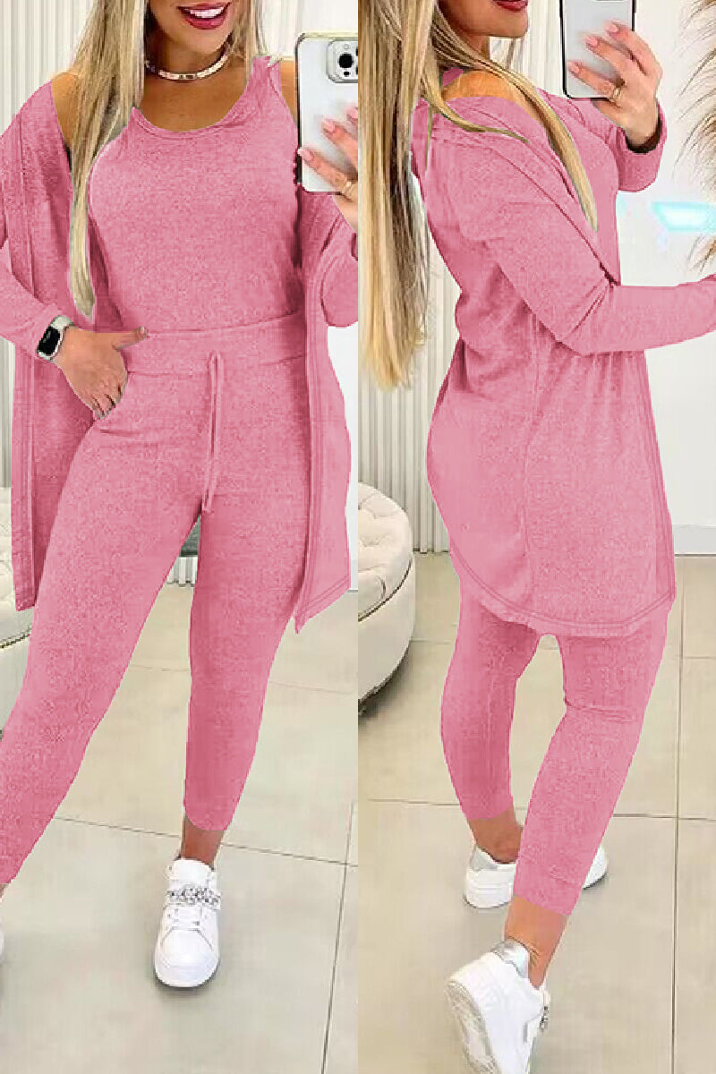 Women's Casual Three Piece Set - Crew Neck Top and Drawstring Fitted Pants