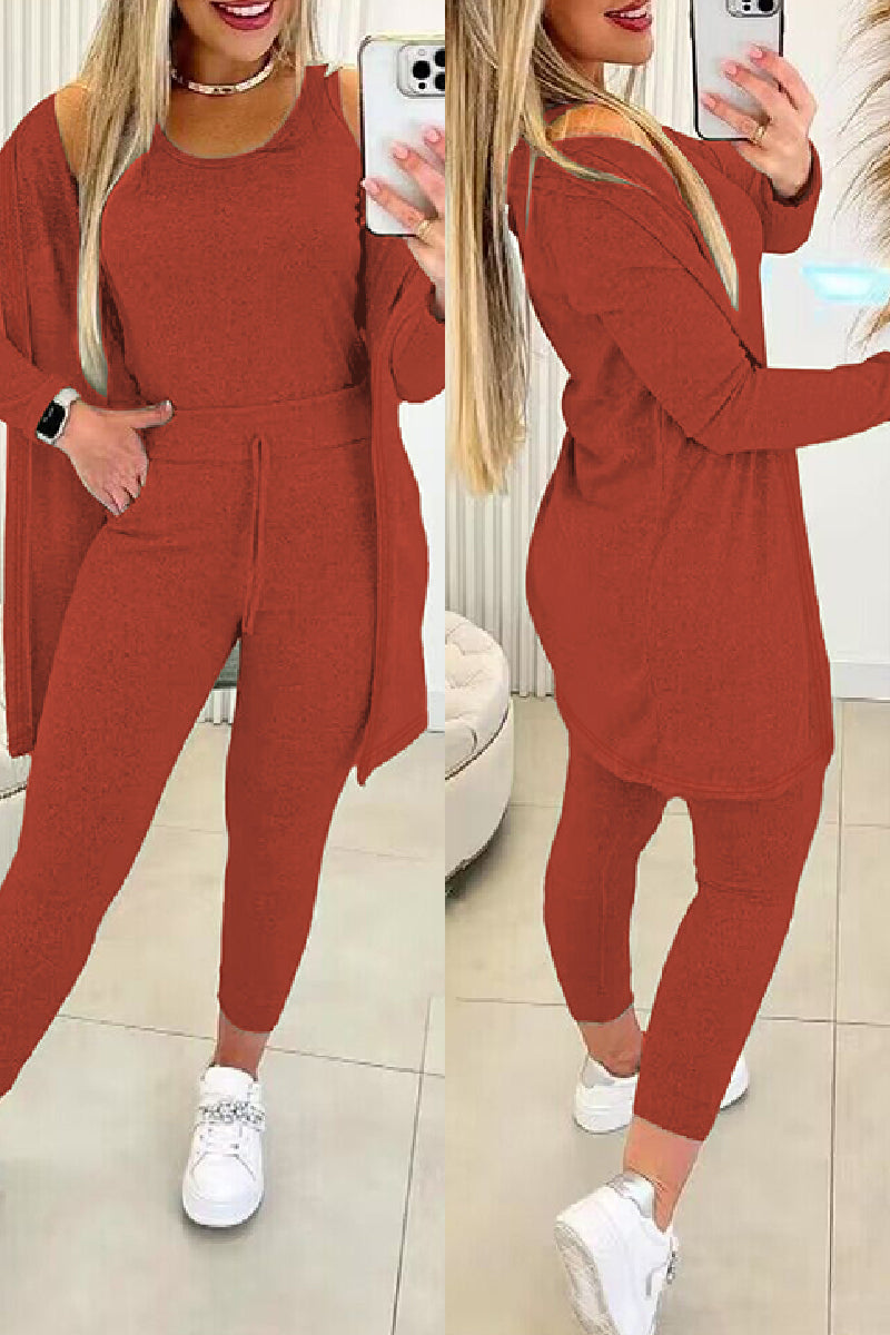 Women's Casual Three Piece Set - Crew Neck Top and Drawstring Fitted Pants