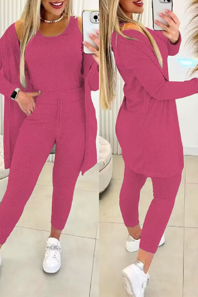 Women's Casual Three Piece Set - Crew Neck Top and Drawstring Fitted Pants