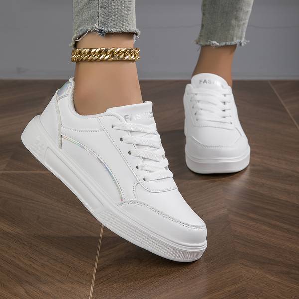 White Orthopedic PU Leather Sneakers for Women with Gold/Silver Accents