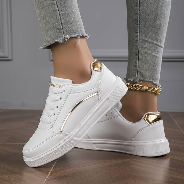 White Orthopedic PU Leather Sneakers for Women with Gold/Silver Accents