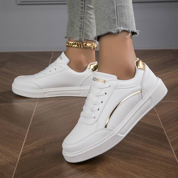 Léa Orthopedic Sneakers in White PU Leather with Gold or Silver Accents