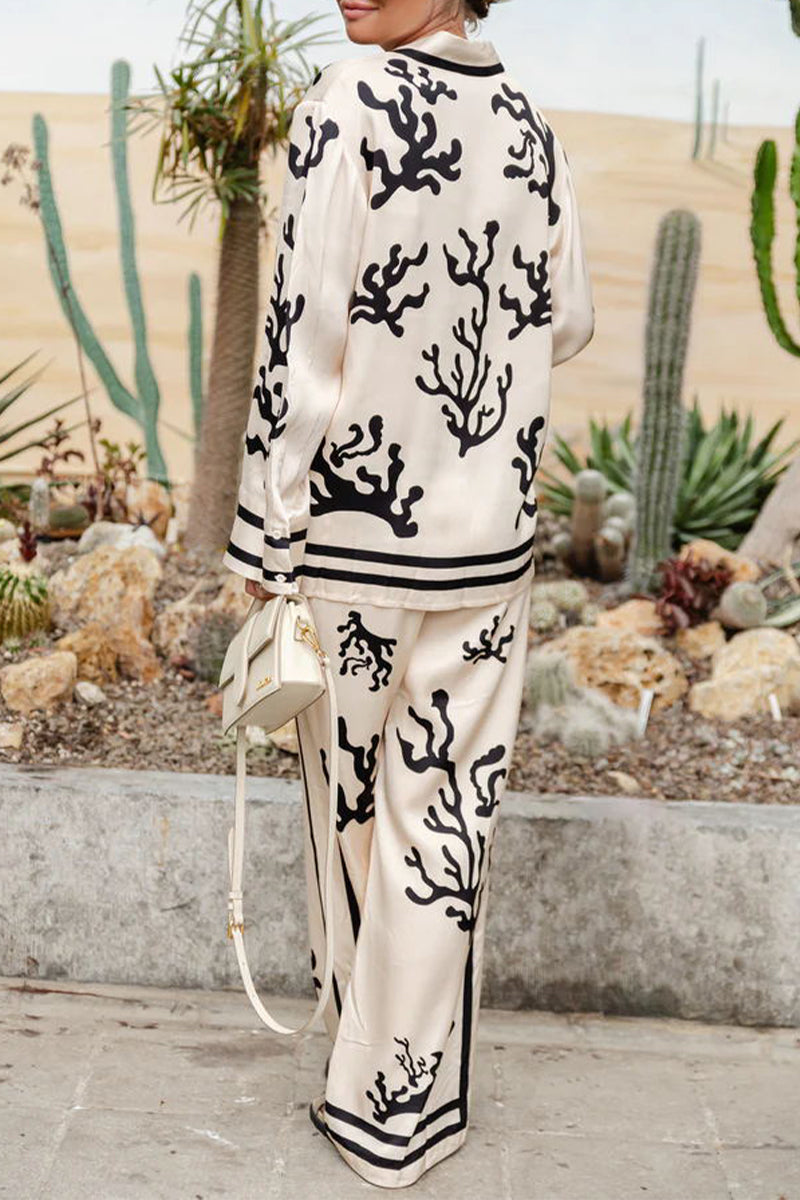 Women's Geometric Print Long Sleeve Shirt Set - Stand Collar - Casual Style