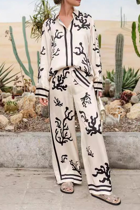 Women's Geometric Print Long Sleeve Shirt Set - Stand Collar - Casual Style