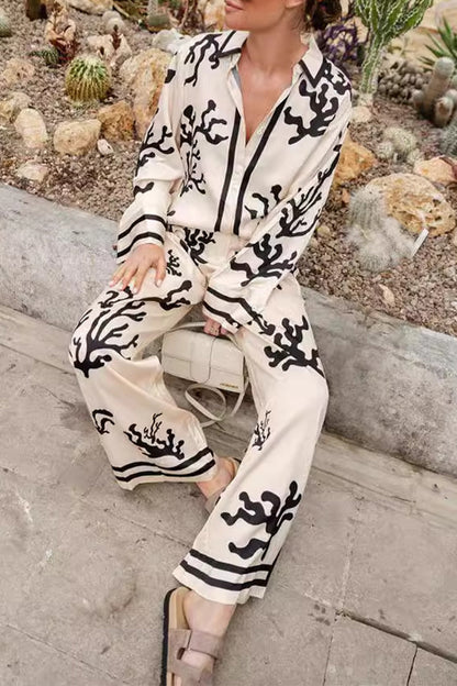 Women's Geometric Print Long Sleeve Shirt Set - Stand Collar - Casual Style
