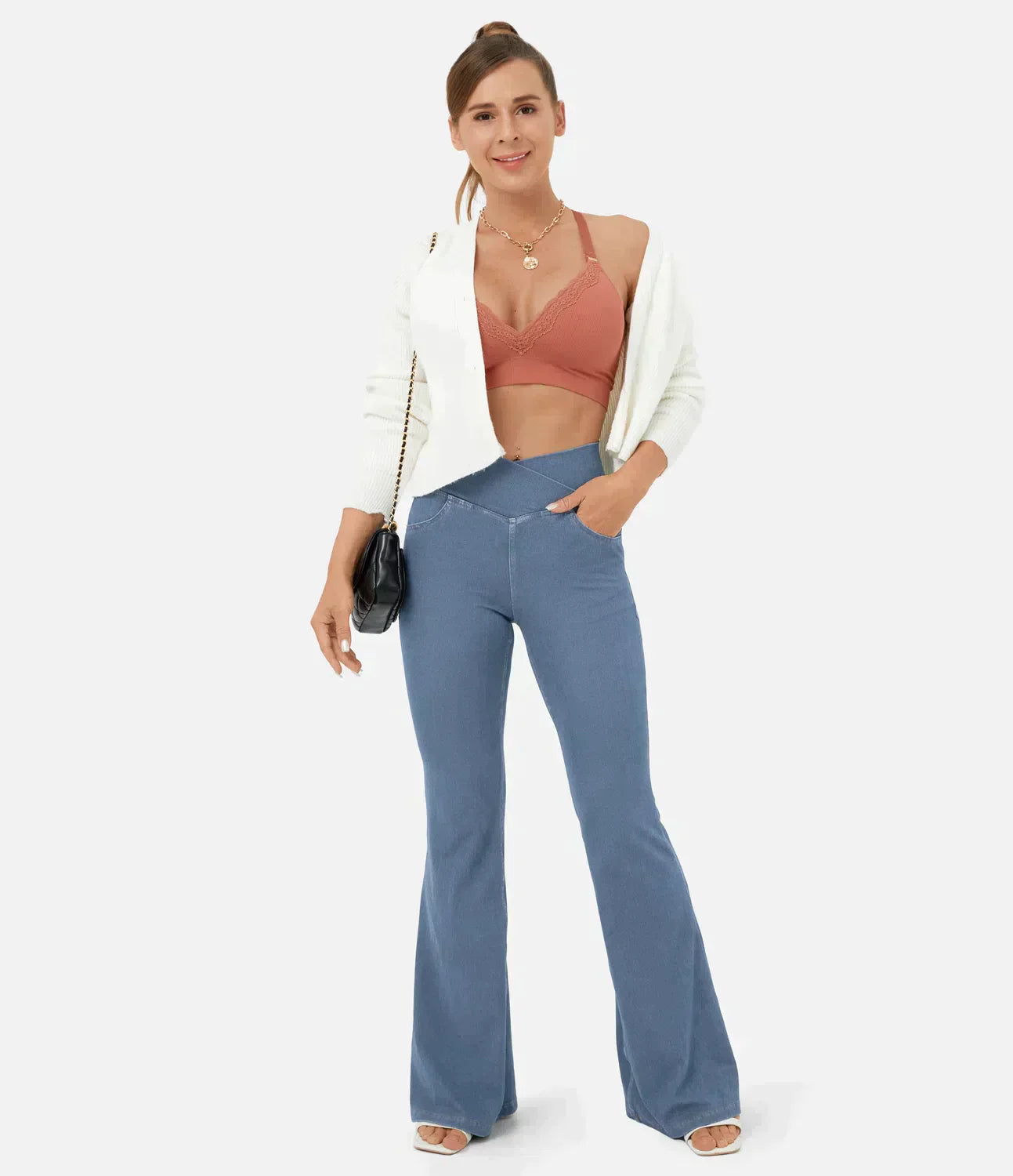 Jean évasé taille haute avec ceinture élastique pour femme