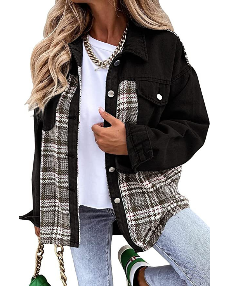 Femme Veste Décontractée à Carreaux Coupe Ample