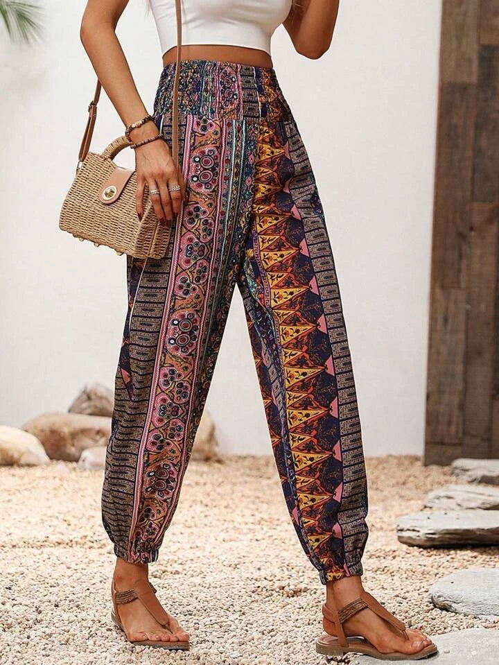 Pantalon sarouel bohème à imprimé éléphant et taille élastique