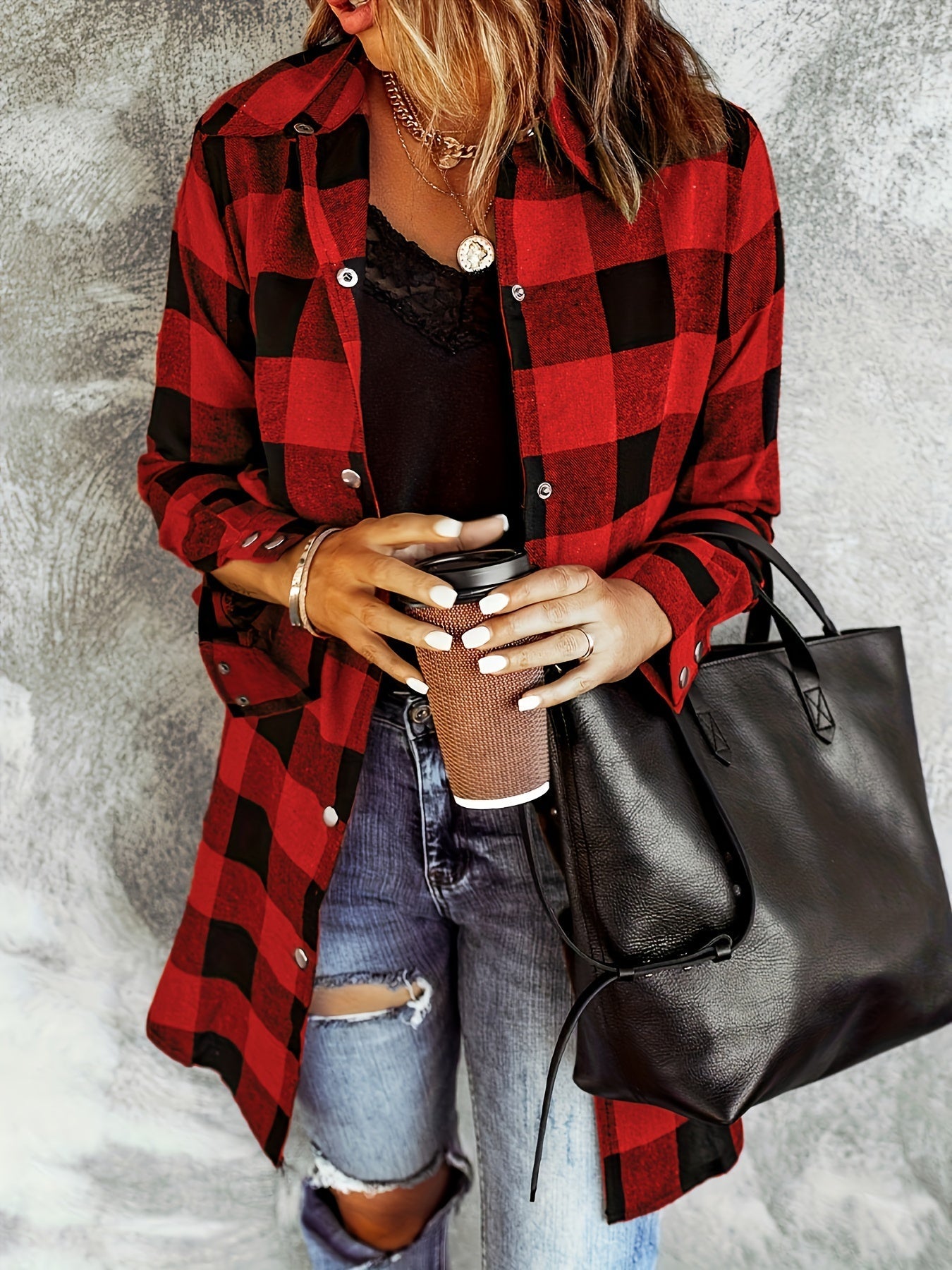 Chemise à Carreaux Tissée pour Femmes – Boutonnée – Manches Longues – Style Décontracté