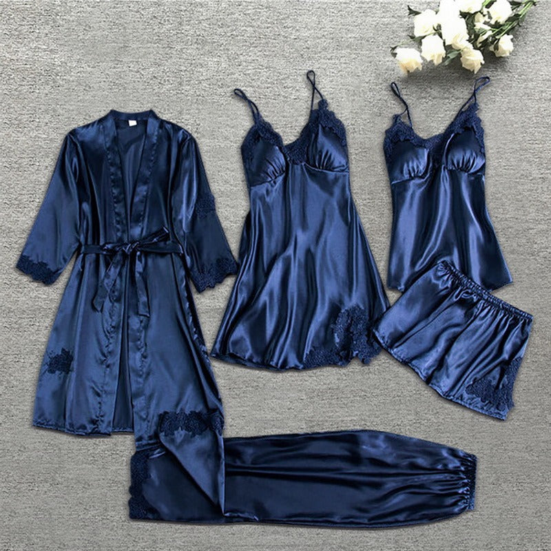 Women's Five-Piece Satin Pajama Set - Lace Trim