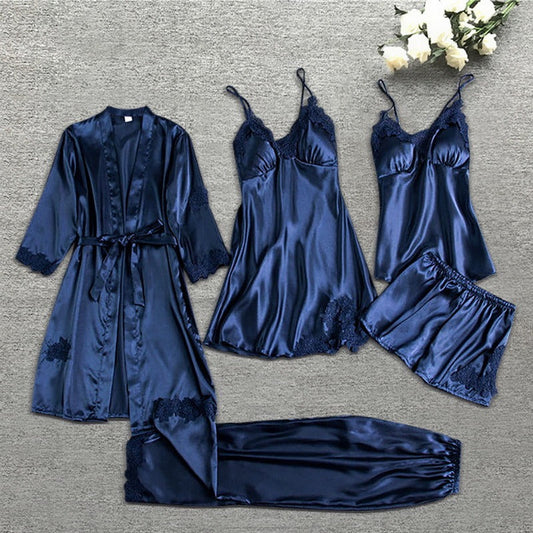 Women's Five-Piece Satin Pajama Set - Lace Trim