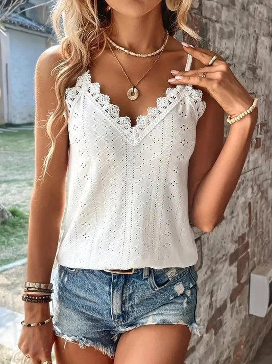 Top Femme Sans Manches en Broderie Anglaise – Col V et Bretelles Réglables