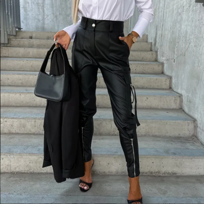 Pour femme - Pantalon taille haute en simili cuir jambe fuselée zips chevilles