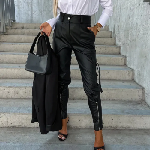 Women's Cargo Trousers - High Waisted Slim Fit - Utility Pockets - Zippered Ankles