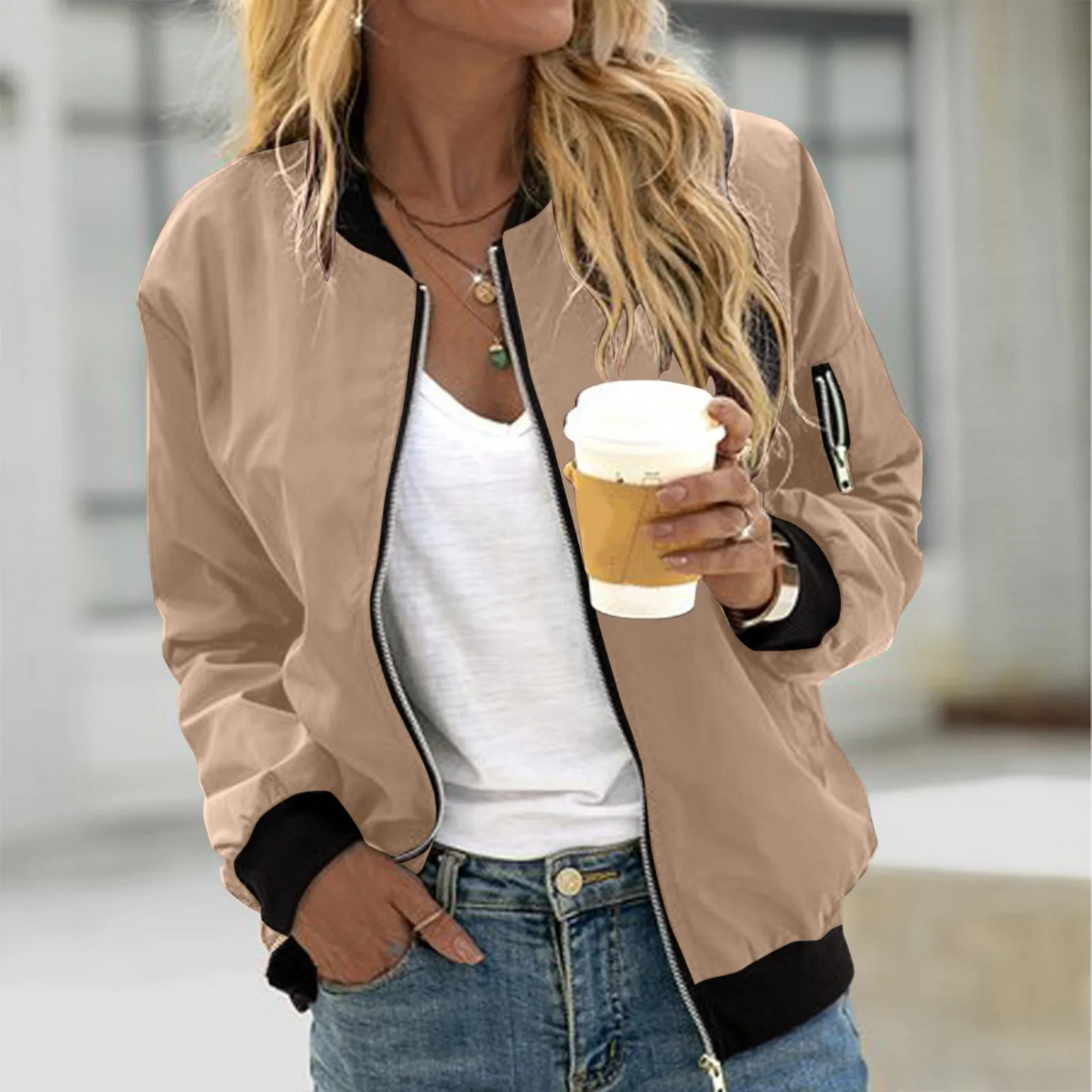 Women's Lightweight Relaxed Fit Bomber Jacket with Zip Pocket