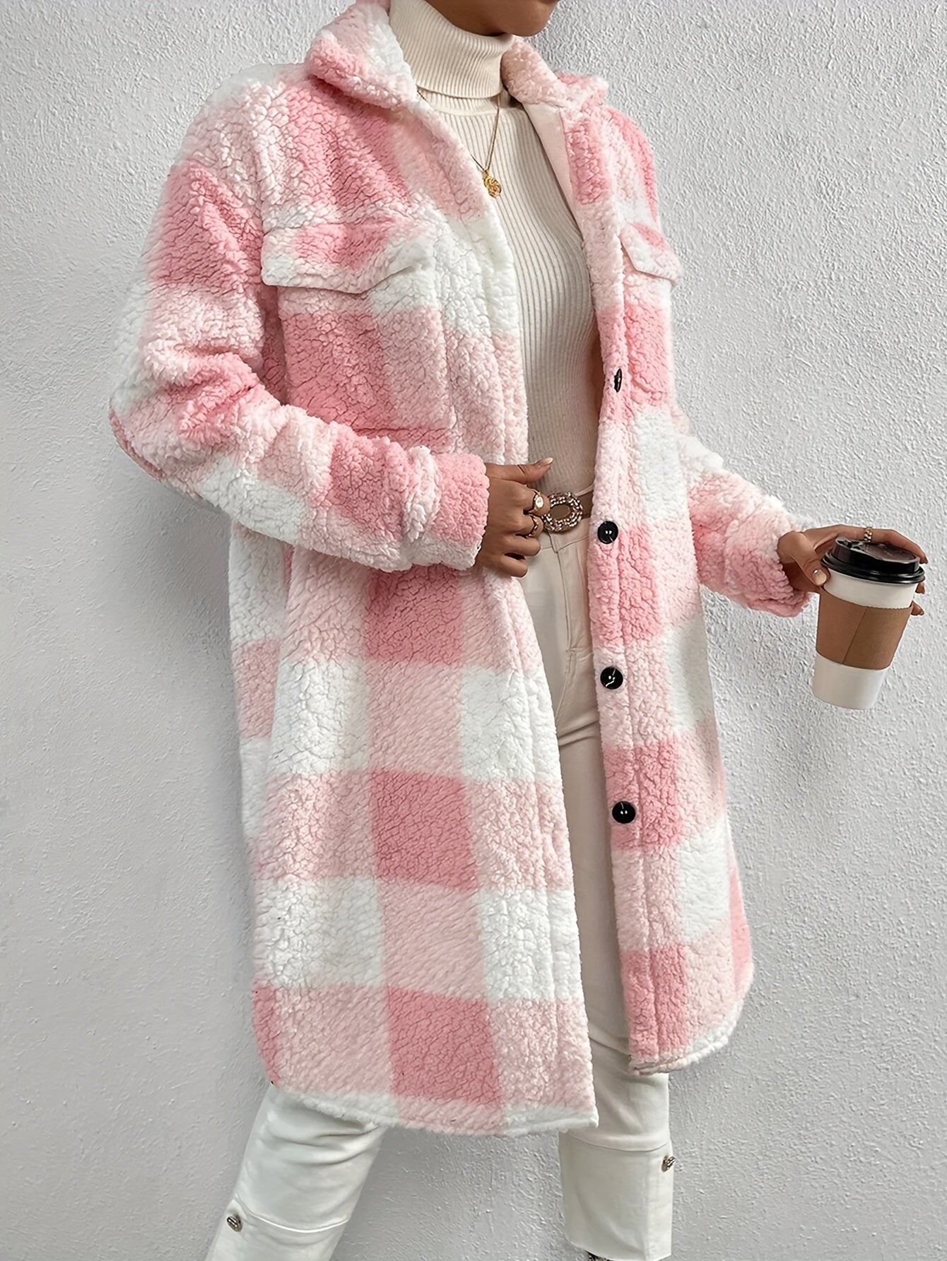 Manteau à Carreaux pour Femmes à Manches Longues et Coupe Ample