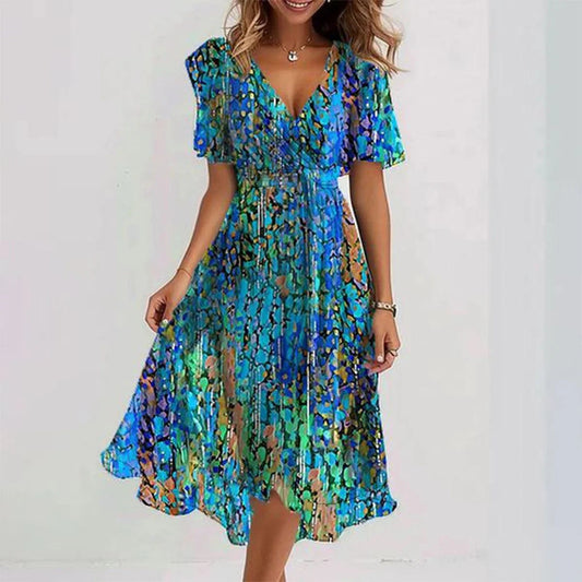 Robe Portefeuille Mi-Longue à Col V pour Femme – Manches Volantes Courtes – Taille Cintrée – Coupe Évasée