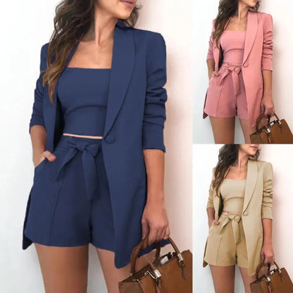 Elegant Women's Three Piece Set - Crop Top, Fitted Blazer and Tailored Pants