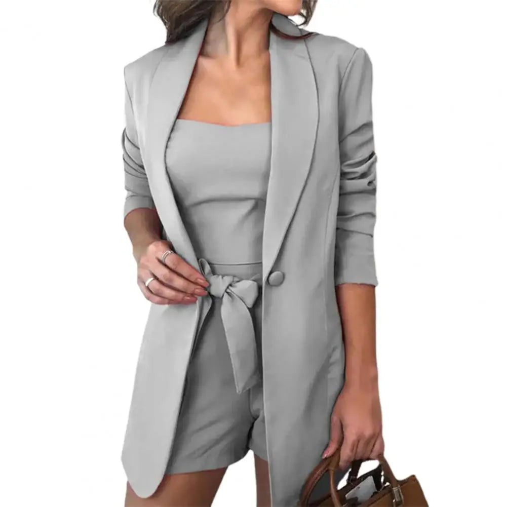 Elegant Women's Three Piece Set - Crop Top, Fitted Blazer and Tailored Pants