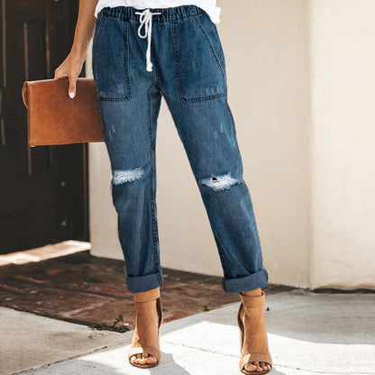 Pantalon jogger en denim à taille élastique et coupe décontractée