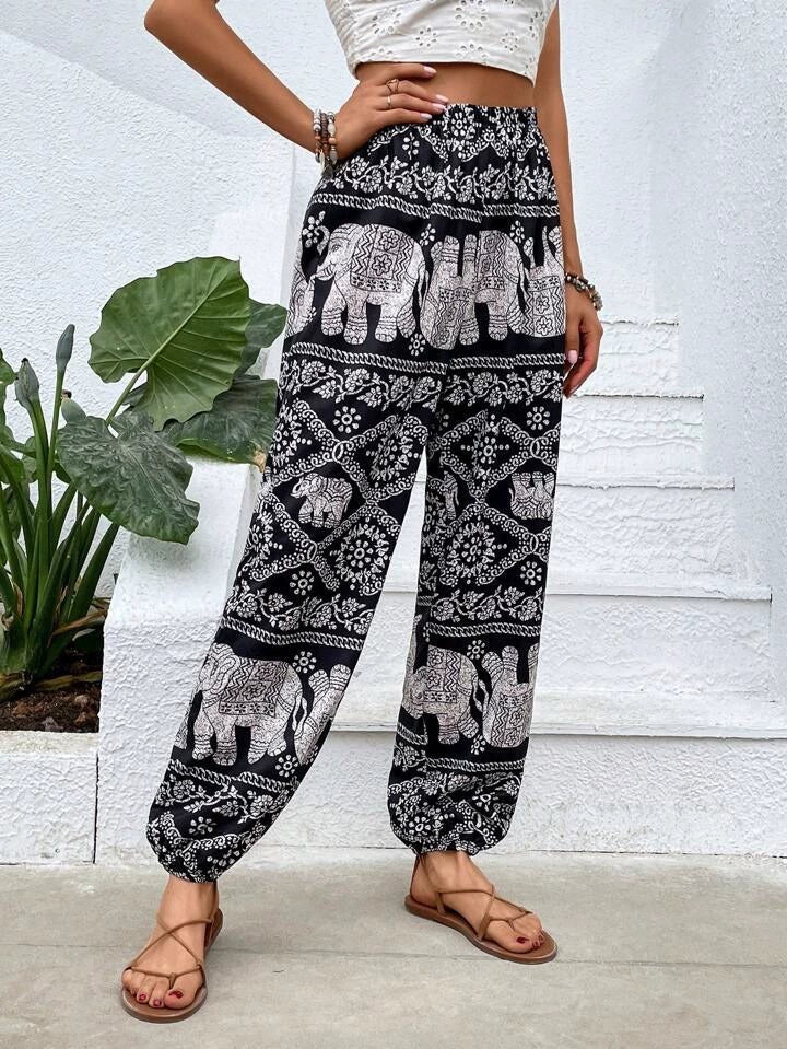 Pantalon sarouel bohème à imprimé éléphant et taille élastique