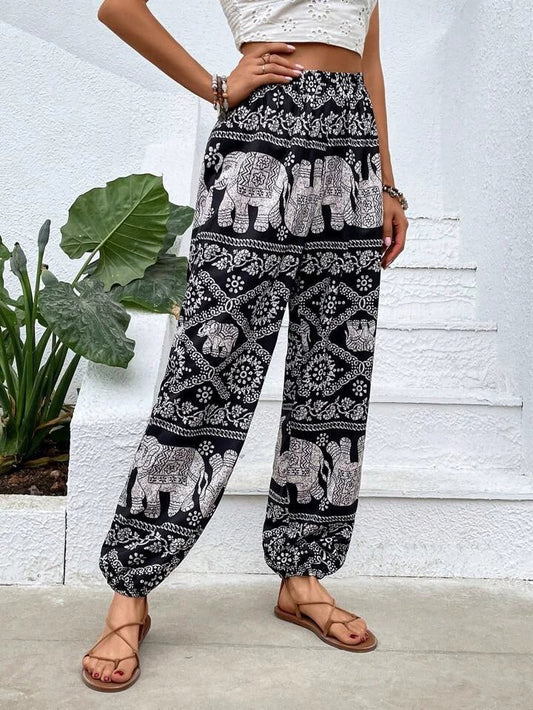 Pantalon sarouel bohème à imprimé éléphant et taille élastique